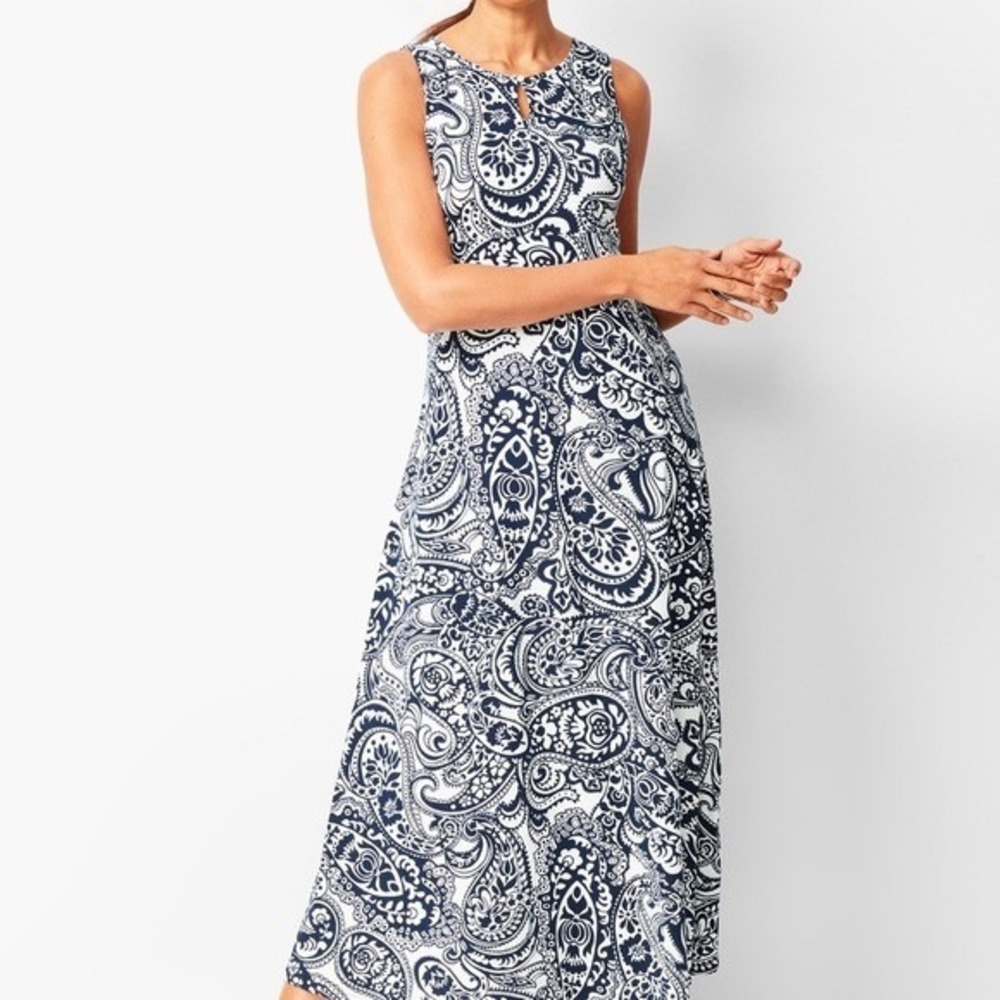 Talbots Knit Jersey Sleeveless Blue/White Paisley Maxi Dress Women's Sz S